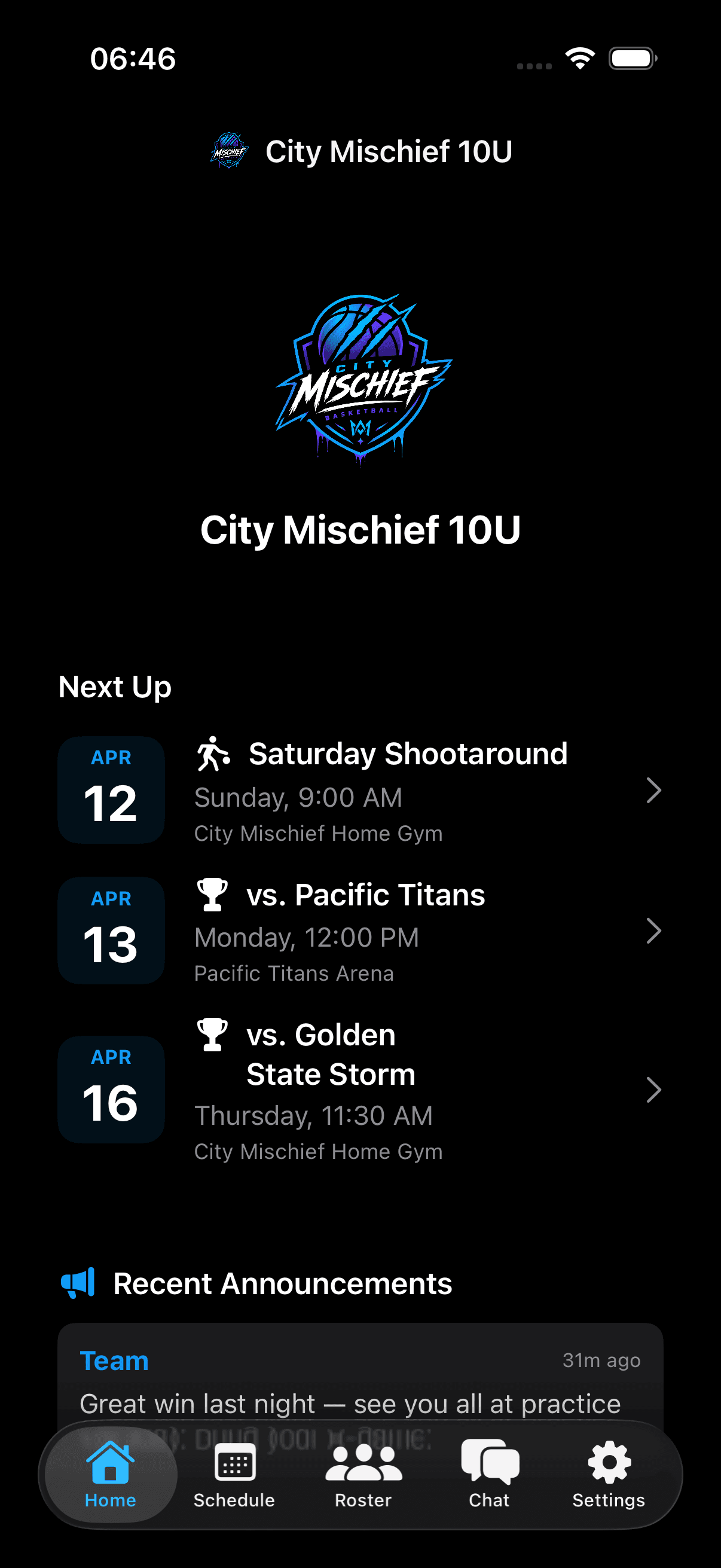 App home screen showing team schedule and announcements