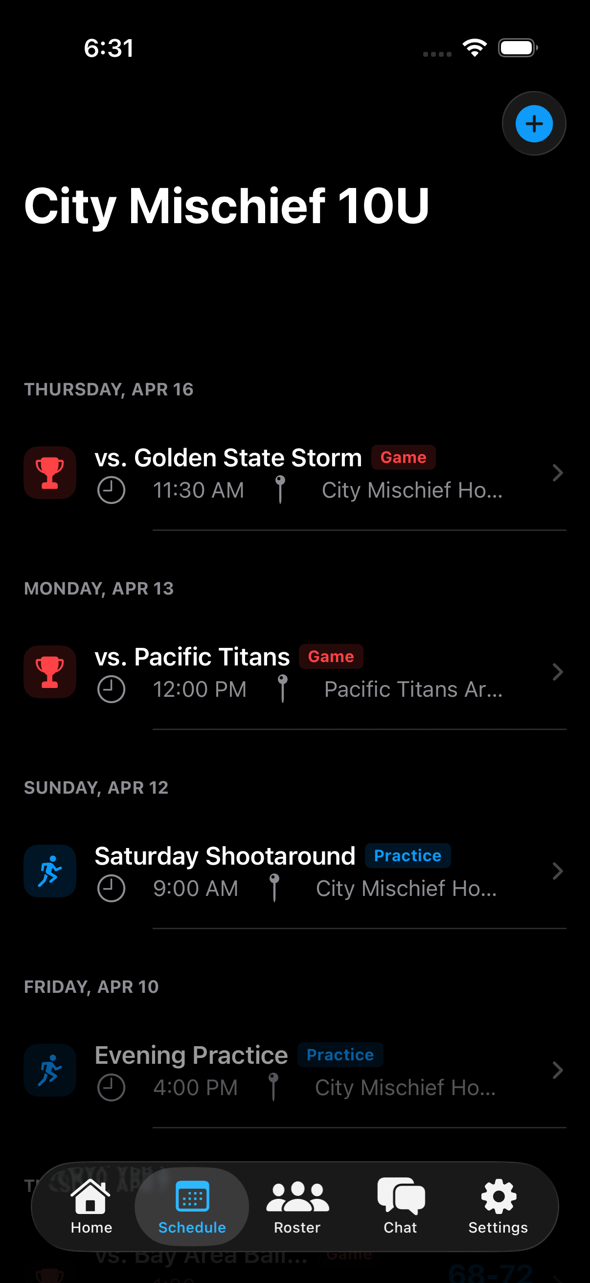 Schedule screen